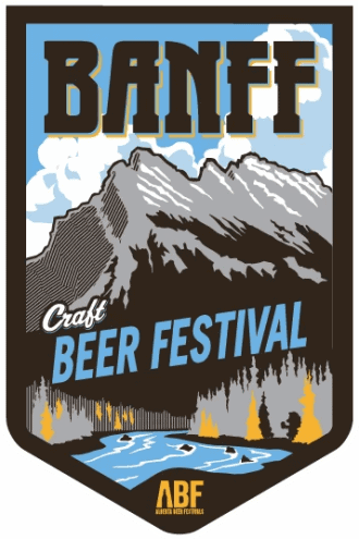 Banff Craft Beer Festival event badge with mountains, river, and festival details in mountain scenery design.