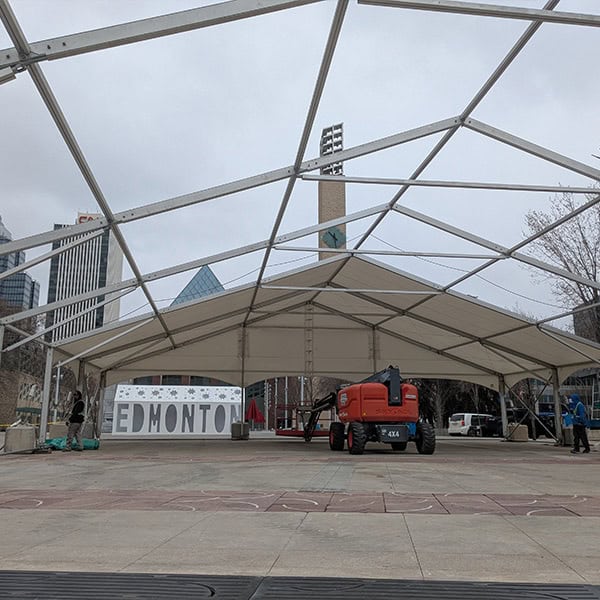 Flexible outdoor event tent setup in downtown Edmonton, featuring superior tent rentals for festivals, weddings, and corporate events with durable, weather-resistant structures.