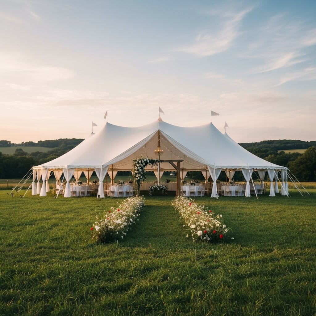 The Ultimate Guide to Choosing Your Alberta Wedding Tent: Clearspan vs. Sailcloth 1 Elegant white event tent with spacious interior, perfect for outdoor weddings and parties, featuring floral arrangements and scenic countryside views.